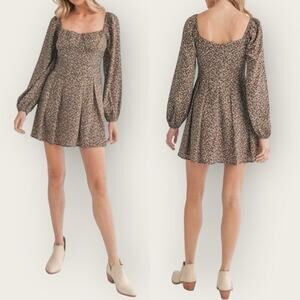 NWT | Lush | Floral Print Long Puff Sleeve Mini Dress | Brown Lilac | Medium